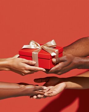 Red gift box with gold ribbon being exchanged between diverse hands against red background