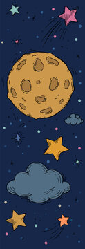 Hand drawn moon and stars creating a whimsical celestial nightscape illustration
