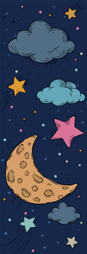 Dreamy night sky design with crescent moon, flying stars, and soft clouds on dark blue background