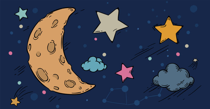 Hand drawn celestial illustration featuring a moon, colorful stars, clouds, and constellations