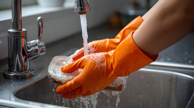 Cleaning the Sink: A pair of gloved hands scrubs a sponge under running water in a kitchen sink, emphasizing hygiene and cleanliness.