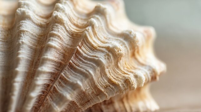 Close up of a natural seashell used as a decorative drawer pull, pearlescent ridges, intricate organic texture, subtle imperfections, attached