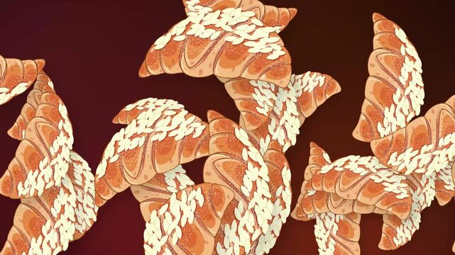 Animated Bursting Croissants Falling Over Dark Mesh Background