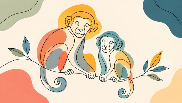 Mother and baby monkey one line drawing perched on tree branch with modern boho color blobs