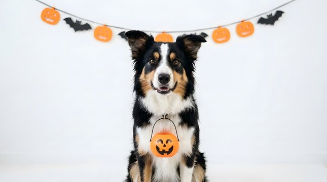 A charming border collie eagerly anticipates halloween festivities adorned with spooky decorations and a pumpkin accessory