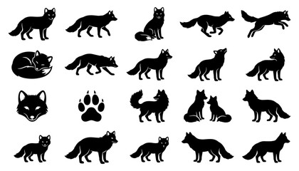 Obraz premium Fox Silhouettes Set with Various Poses, Actions, and Paw Print Icon