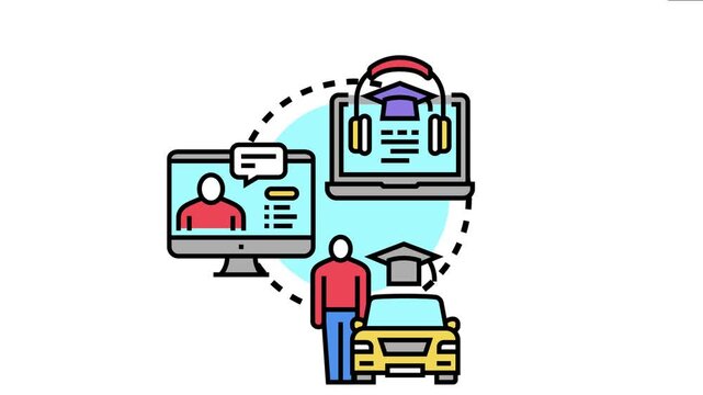Student completing a final driving instruction lesson and remote learning courses, signifying graduation and achievement of practical and theoretical skills through online education