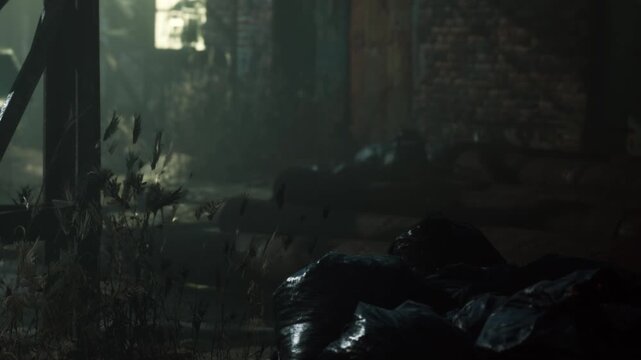 Trash bags are stacked in a dark corner of an old building. Light filters through, casting shadows on the ground. The space looks dirty and neglected, hinting at a past use.