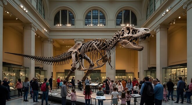 Large T rex skeleton reconstruction in a museum hall