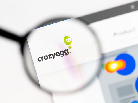 Milan, Italy 2026, 15 AGO Closeup of crazyegg com website page on a laptop screen. Focus on crazyegg com logo under a magnifying glass.