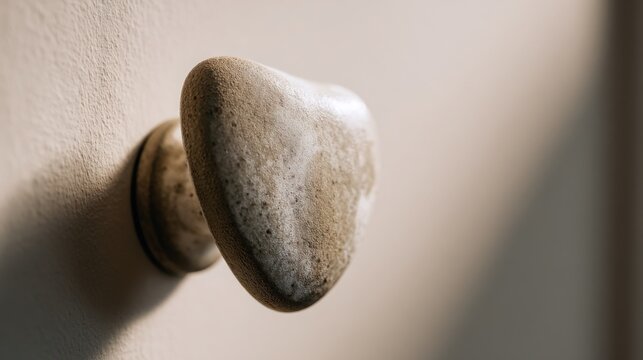 Macro close up of a handcrafted ceramic cabinet knob, slightly irregular organic shape, matte earthy glaze, tiny handmade imperfections, natural clay