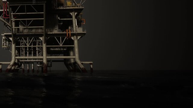 An oil rig is illuminated with bright lights against a dark night sky. The structure is partially submerged in the water, showing its sturdy construction and design. Waves gently move around it.