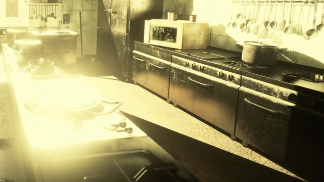 People are working in a busy kitchen filled with cooking tools and pots. Sunlight pours through the windows, illuminating the space. Dishes are being prepared for serving.