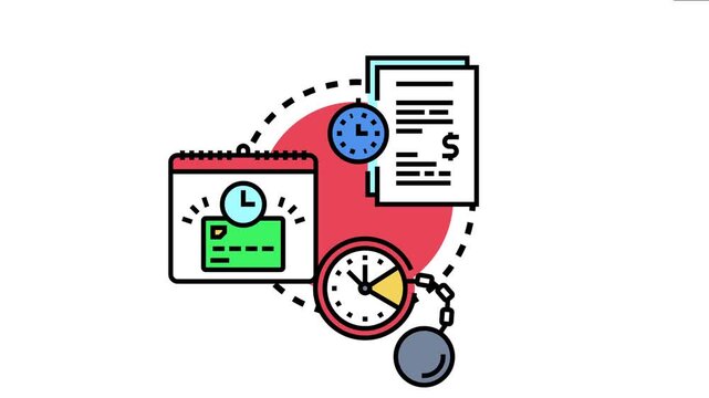 Financial concept of late borrowing penalty applying, featuring a calendar, document with money symbol, clocks, and a chained weight, symbolizing financial obligations and time constraints