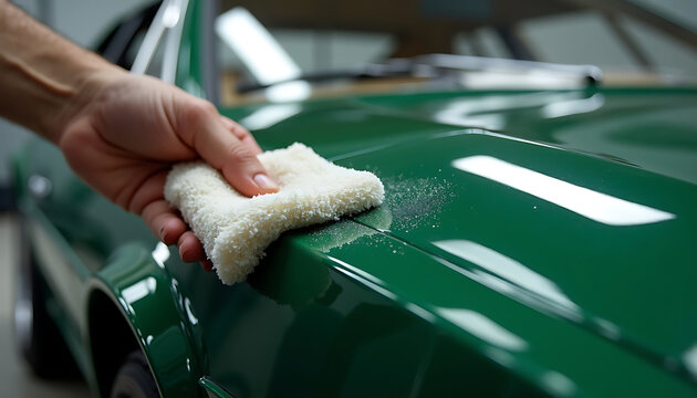 Polishing green vintage sports car exterior with microfiber cloth for shine and protection.
