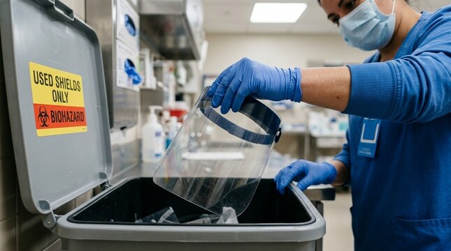 Healthcare worker placing the shield into a designated bin