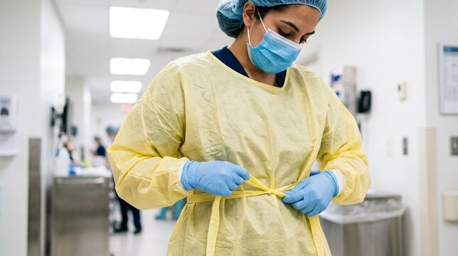 Healthcare worker donning a PPE gown before patient contact