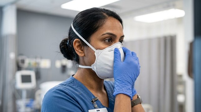 Healthcare worker fitting an N95 respirator mask before patient contact