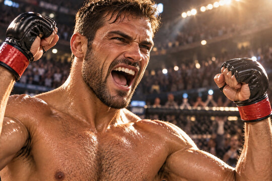 Triumphant male fighter celebrating victory in a packed arena, raising his fists and expressing strength, determination and achievement
