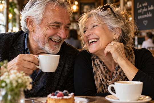 Happy Senior Couple Enjoying Coffee at a Caf&eacute;