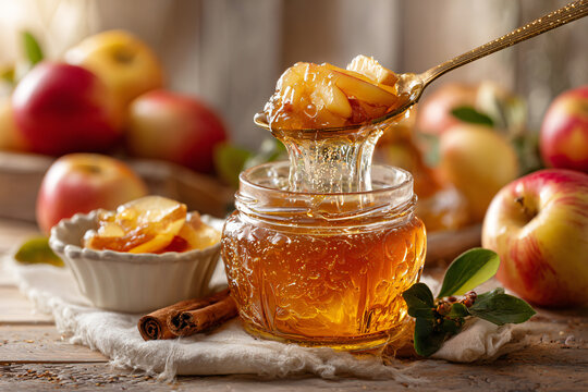 Golden homemade apple jam with cinnamon in a glass jar, surrounded by fresh apples and rustic kitchen ingredients