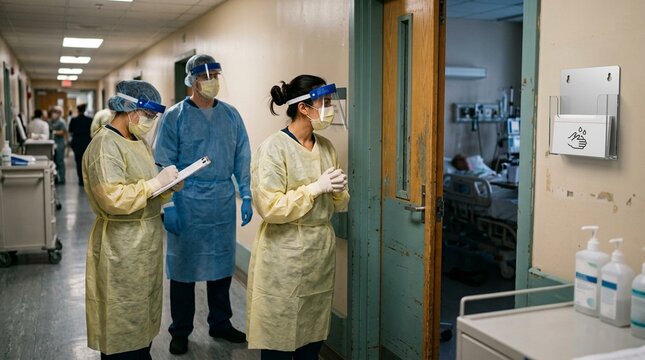 Hospital staff standing at the doorway following droplet precautions
