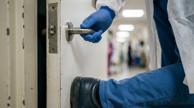 Hospital staff stepping through the anteroom doorway