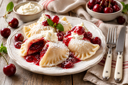 Homemade Cherry Dumplings with Cream