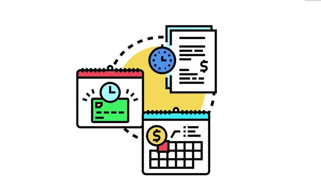 Icon depicting the concept of a late fee reminder, showing payment documents, clocks, and calendars highlighting deadlines and overdue financial obligations
