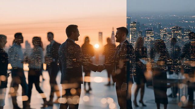 Two businessmen making a deal, shaking hands with a double exposure of a corporate event and a city panorama