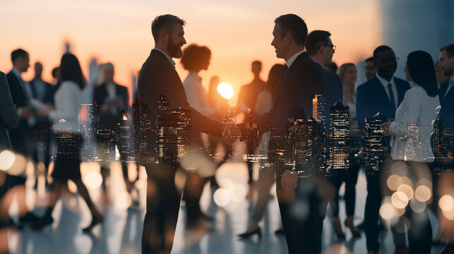 Business people shaking hands, sealing a deal with a city skyline at sunset, representing partnership and success