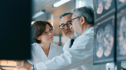 Fototapeta premium Medical team collaborating on diagnostic imaging, analyzing brain scans for neurological research and patient health