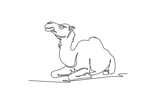 Single one line drawing calm dromedary camel resting peacefully on desert ground with folded legs, endurance, arid livestock, safari wildlife. Continuous line draw design graphic vector illustration