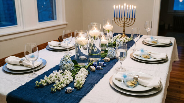 Blue and white Hanukkah table decorations with menorah and flowers for festive Jewish holiday dining 