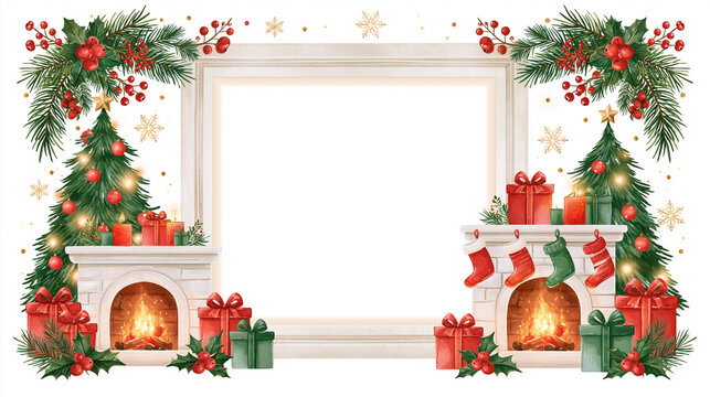 Cozy christmas frame with fireplaces, decorated trees, gifts, and festive decor for holiday greetings