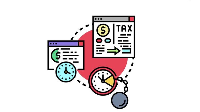 Late payment fee reminder concept, with digital documents, financial statements, and a watch chained to a weight, symbolizing overdue obligations and accounting difficulties
