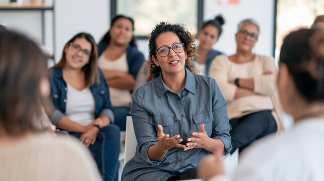 Diverse women collaborating in a group meeting, sharing ideas and actively listening during a workshop discussion