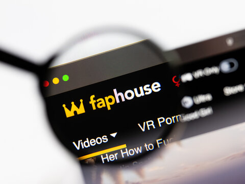 Milan, Italy 2026, 15 AGO Closeup of faphouse com website page on a laptop screen. Focus on faphouse com logo under a magnifying glass.