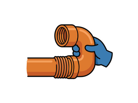 Gloved hand holding orange PVC plumbing pipe fitting illustration