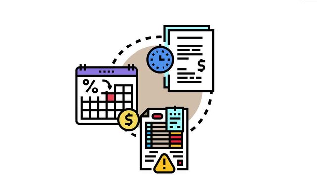 Late payment reminders concept overdue financial obligations with a calendar, clock, bill, and warning sign, highlighting the process of managing finance deadlines and avoiding debt