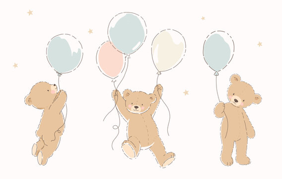 Cute Vintage Teddy Bears with Balloons Vector Illustration Set for Baby Shower, Nursery, Birthday and Kids Design