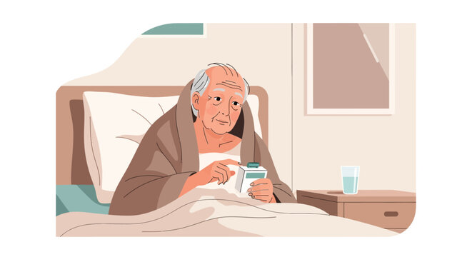 Elderly Man In Bed Taking Medication With Water And Caring For Health