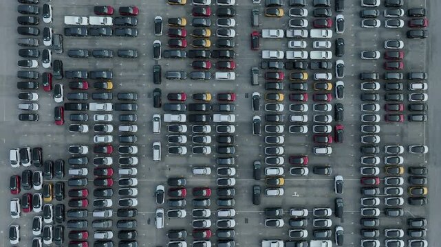 Aerial view new car lined up, Automobile automotive car parking lot commercial business industry, Port of import export business logistic dealership, New cars global business logistic import export.