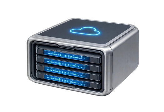 Modern silver external hard drive server storage unit with blue glowing cloud icon on top transparent background