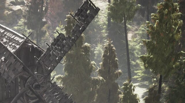 Wooden windmill blades turn as trees surround a quiet area. Sunlight shines through the branches, creating a natural setting in the forest.