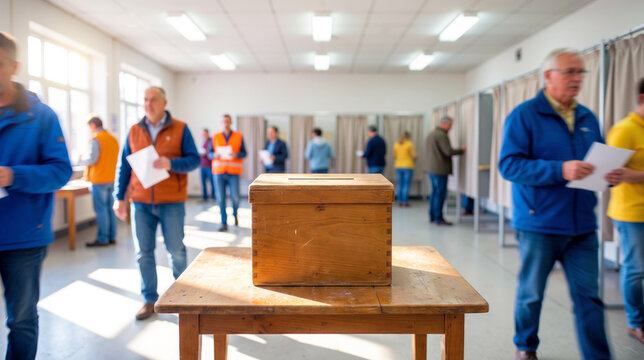 Citizens exercise their democracy at a polling station with booth cubicles to cast a ballot in the wooden box during a political election vote.
