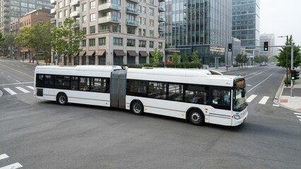 Obraz premium Bus Driving on a City Street, Modern Public Transportation Concept. Urban Transit Vehicle, Daytime Cityscape View