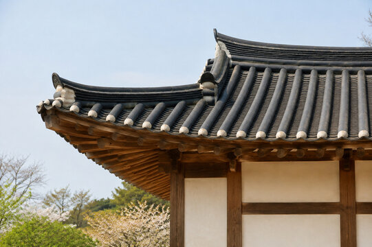 Korean hanok roof and plain ridge tiles against spring sky