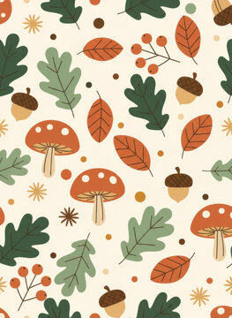 Minimal Autumn Woodland Pattern with Mushrooms, Acorns, Oak Leaves and Berries