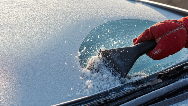Driver wearing a glove uses a tool to scrape cold frost and ice from a car windshield to remove hazards and clear winter vision.